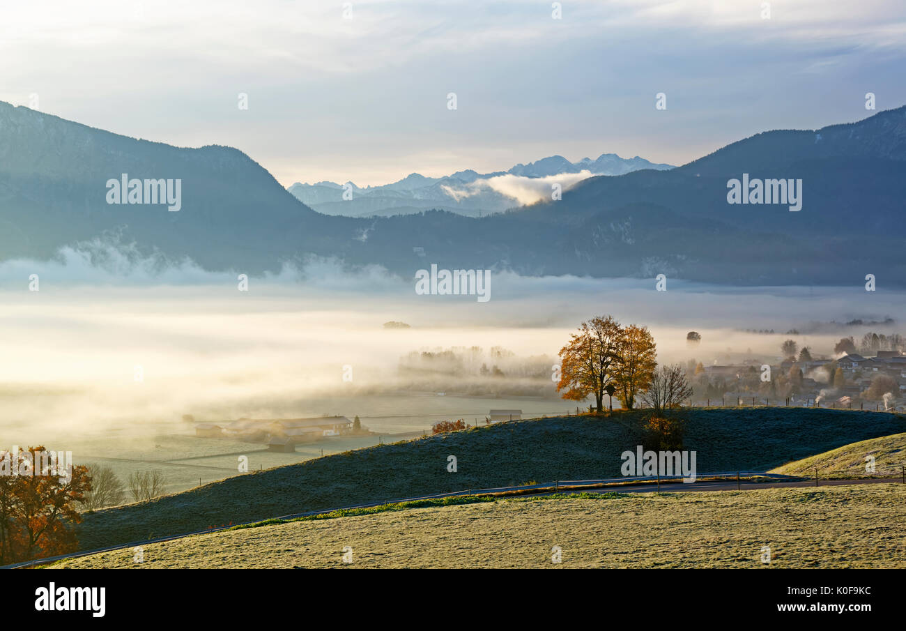 Atmosfera di mattina su Loisachmoor, Loisach a Grossweil, Blaues Land, Alta Baviera, Baviera, Germania Foto Stock
