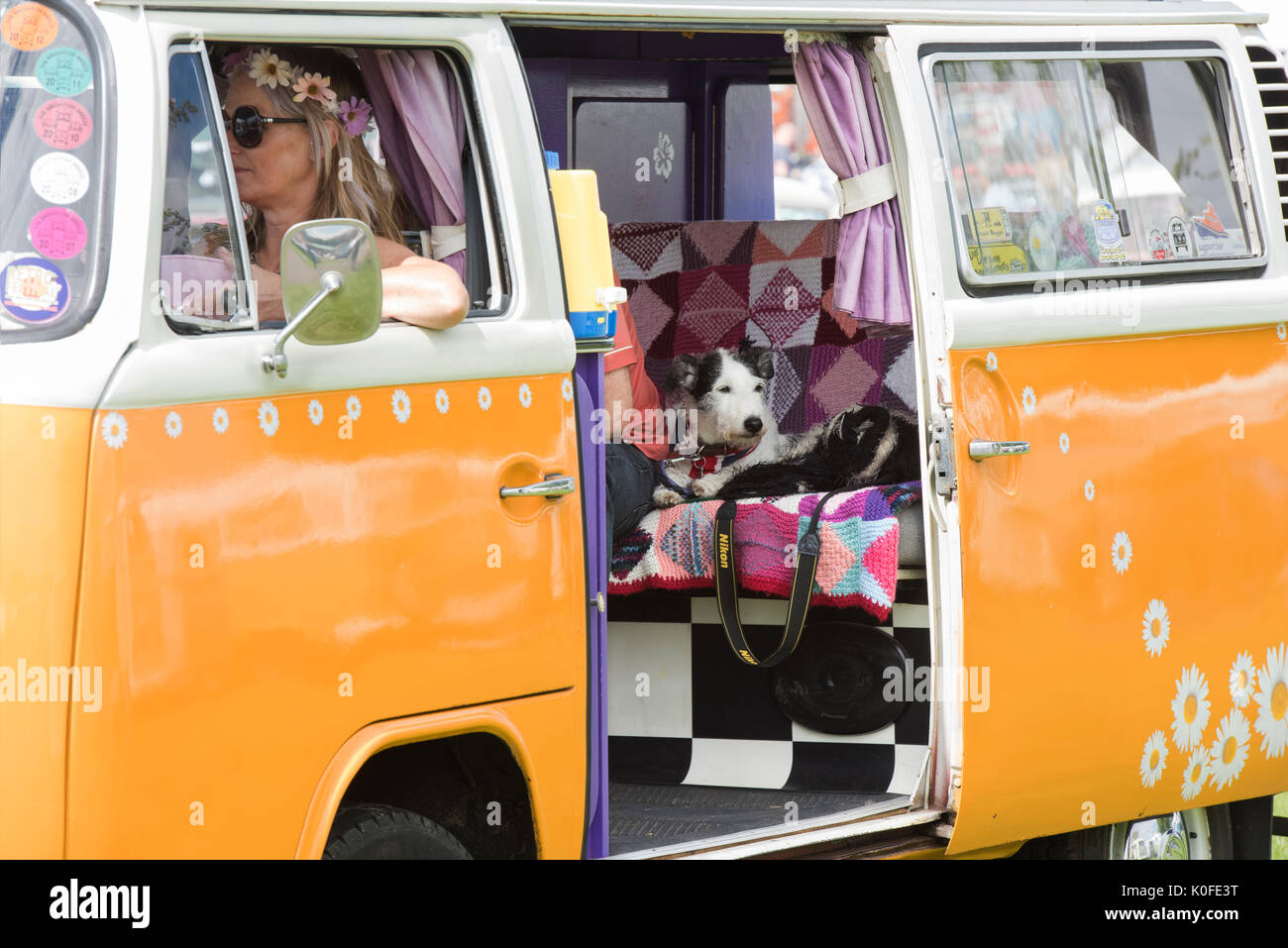 La donna e il cane in una VW camper a un vintage retrò festival. Regno Unito Foto Stock