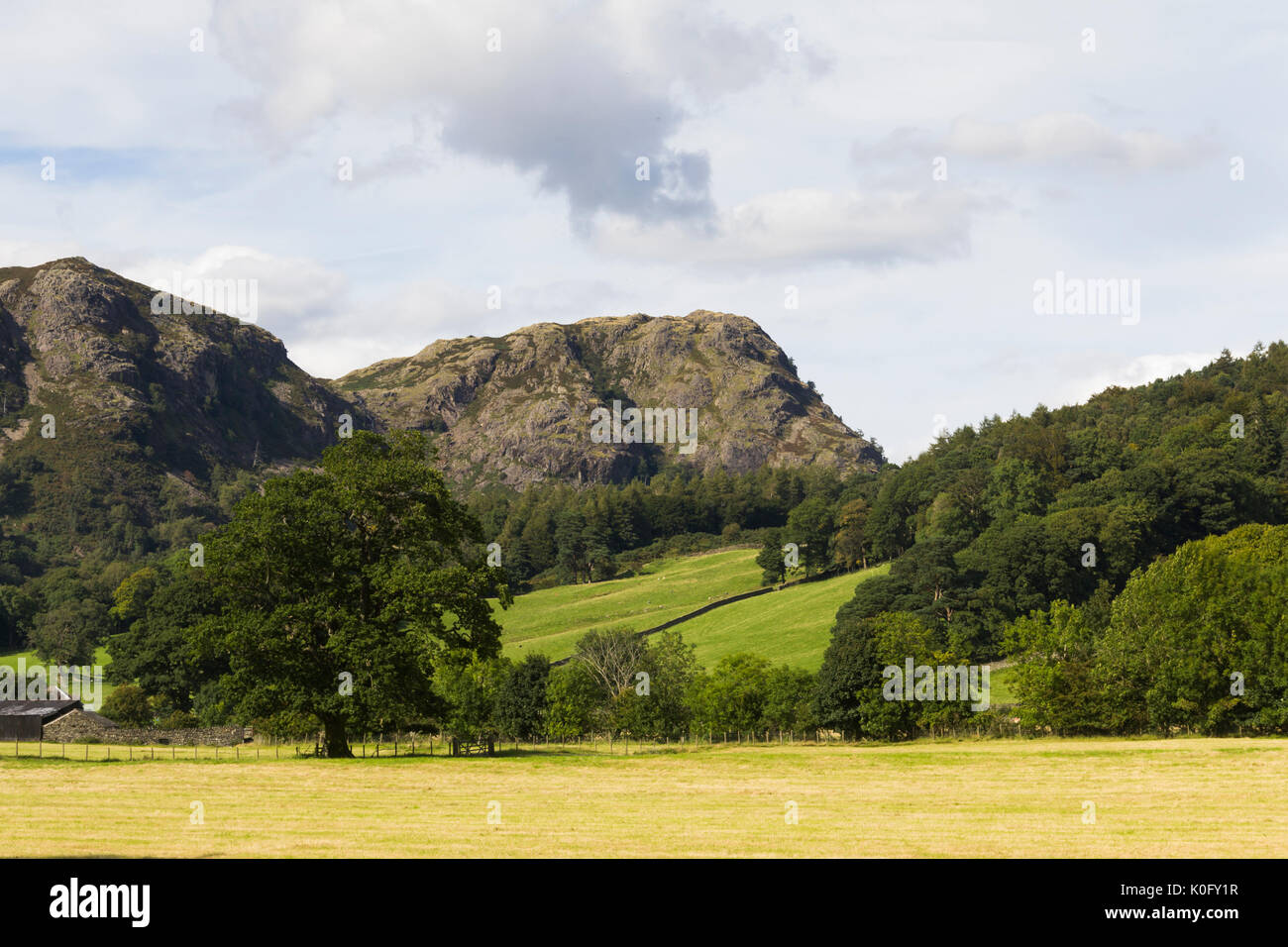 Coniston fells e yewdale caduto che si affacciano sui campi all'estremità nord di Coniston Water e coniston village, Cumbria. Foto Stock