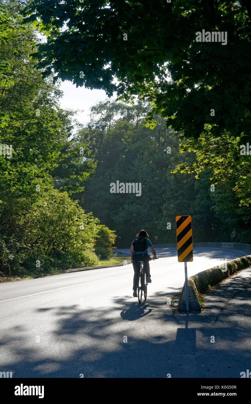 Donna ciclista da dietro stagliano dalla luce del sole su una strada tortuosa, Southwest Marine Drive, Vancouver, BC, Canada Foto Stock