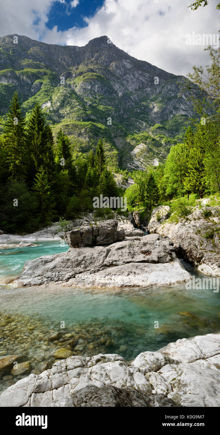 Acque turchesi e ambiente carsico di Soca fiume nella valle di Trenta a Vrsnica Gorge monumento naturale del Parco Nazionale del Triglav Slovenia Foto Stock