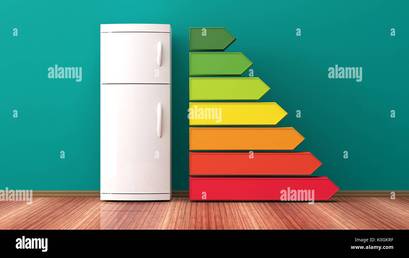 Il frigorifero e la categoria di efficienza energetica. 3d illustrazione Foto Stock