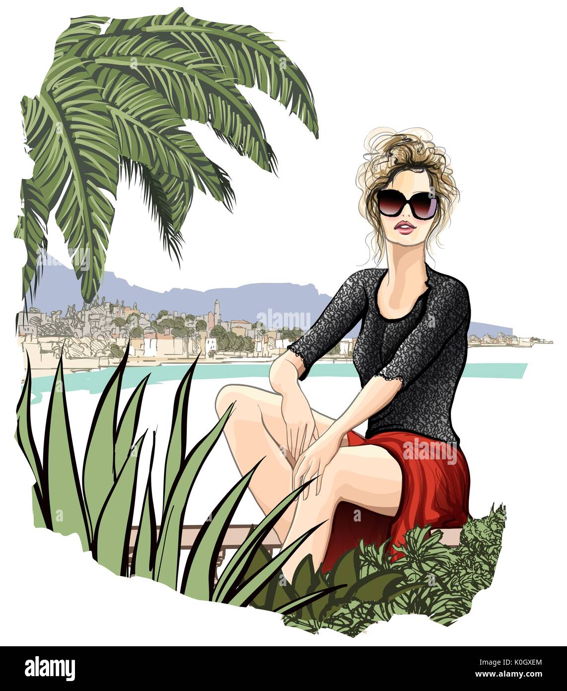 Donna turistiche per godersi il sole sulla costa mediterranea della Francia - illustrazione vettoriale Illustrazione Vettoriale
