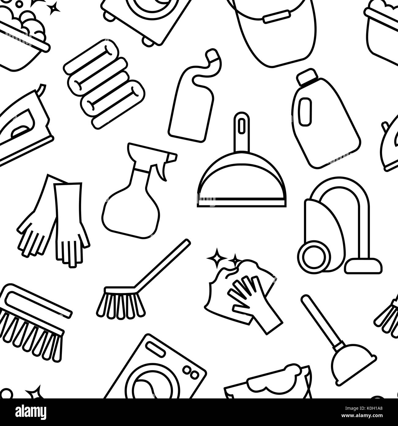 Pulizia, lavare le icone della linea. Macchina di lavaggio, spugna, mop, ferro da stiro, aspirapolvere, pala clining sfondo. Ordine in casa sottile sfondo lineare per Foto Stock