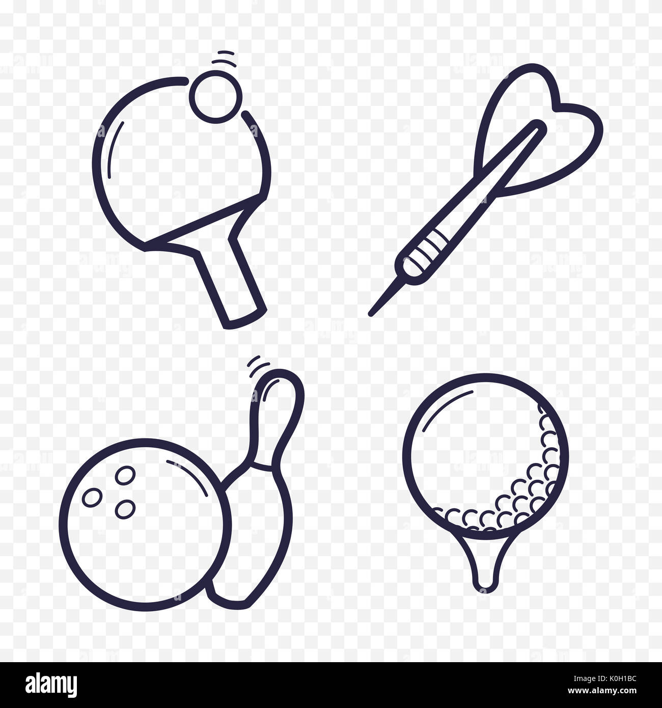 Giochi icone lineare. Ping-pong, golf, bowling, freccette attività per il tempo libero. Il gioco d'azzardo gioco di sport le icone della linea. Foto Stock