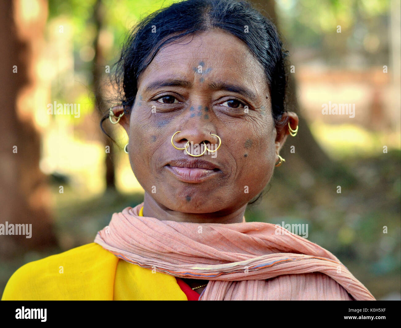 Donna indiana Adivasi con tatuaggi facciali, tre anelli di naso dorato e caratteristici orecchini tribali pone per la macchina fotografica. Foto Stock