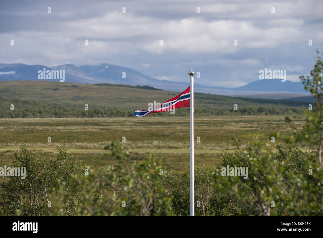 Bandiera norvegese su un pennone norske flagg flaggstang Foto Stock