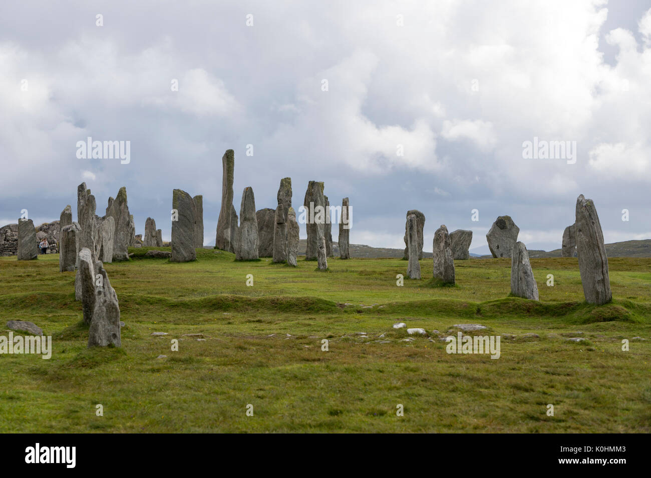 Callanish pietre in piedi in un giorno nuvoloso, , pietre permanente posto in una configurazione a croce con al centro un cerchio di pietra, Callanish, Scotland, Regno Unito Foto Stock