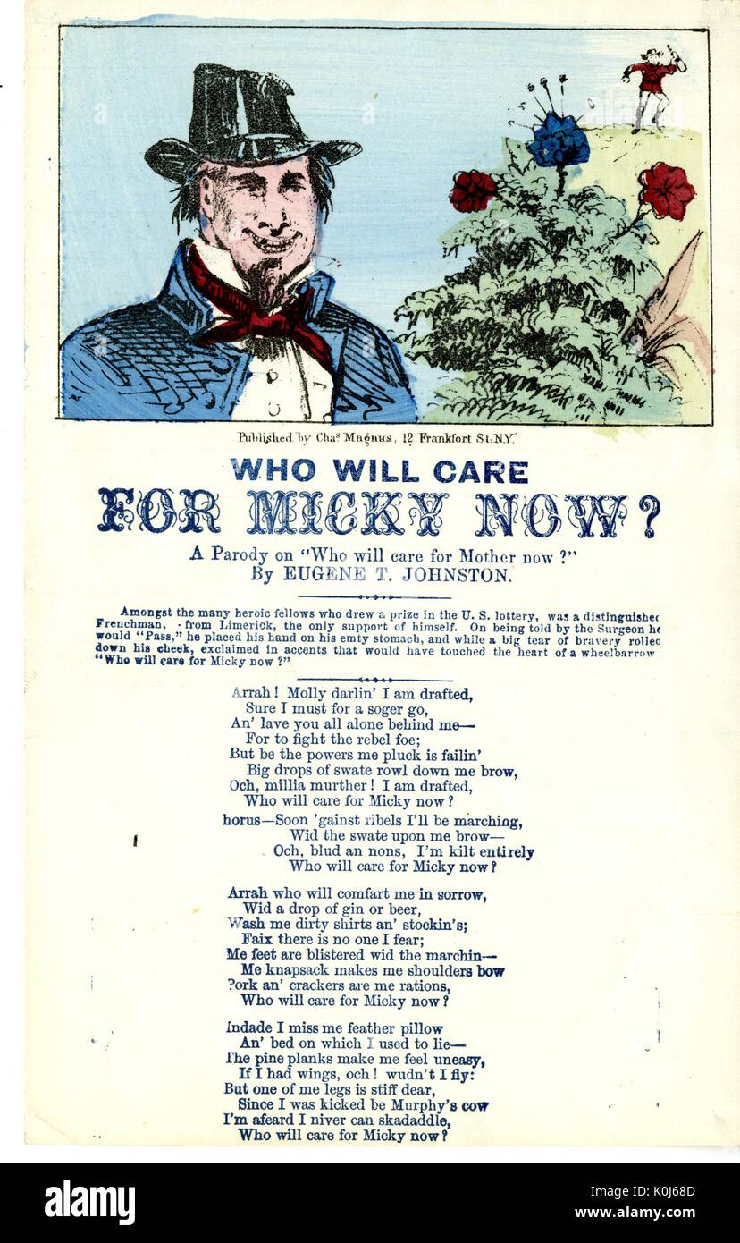 Costeggiata dalla guerra civile americana, intitolata " che si prenderanno cura di Micky adesso?' in cui un soldato rivolge la sua moglie prima che egli va alla guerra, chiedendo che si prenderanno cura di lui quando lui è lontano da casa, New York New York, 1862. Foto Stock