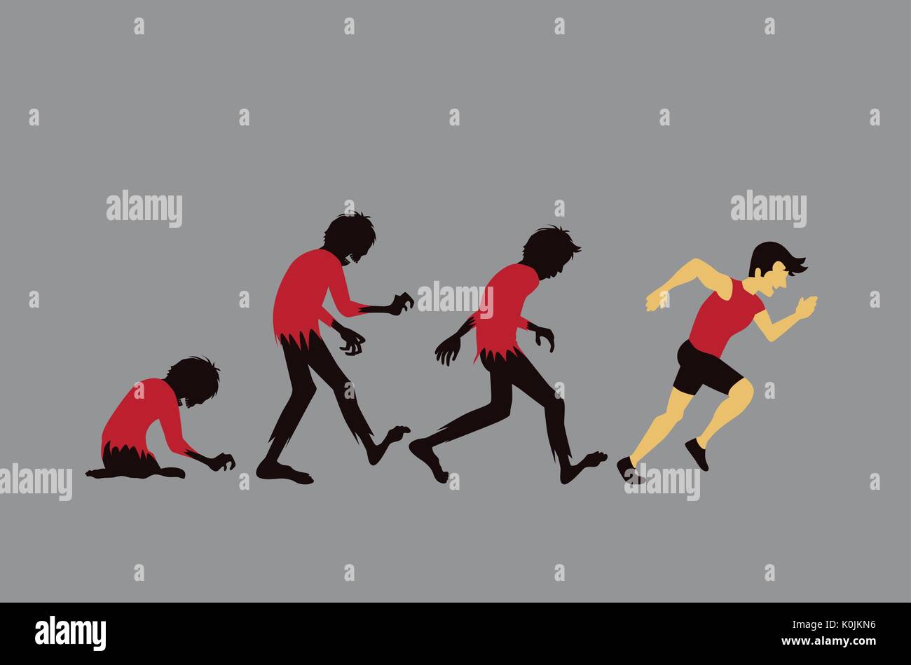 Evoluzione di zombie in uomo con esecuzione di esercizio fisico. Illustrazione Vettoriale