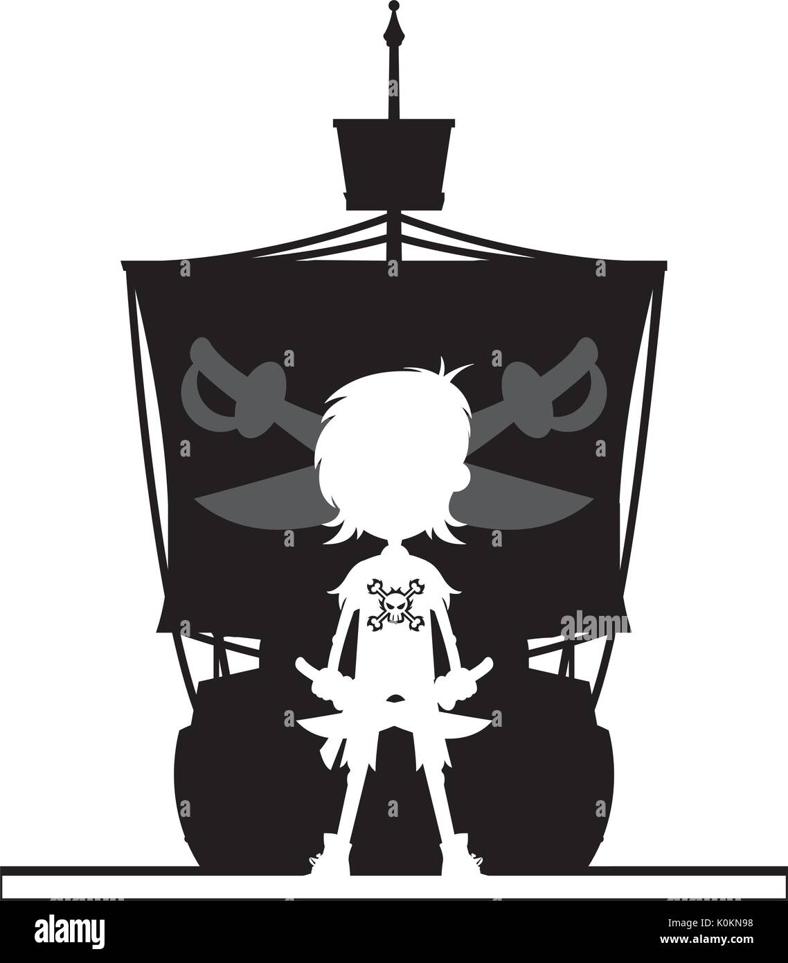 Cartoon Pirata e la nave dei pirati in Silhouette illustrazione vettoriale Illustrazione Vettoriale