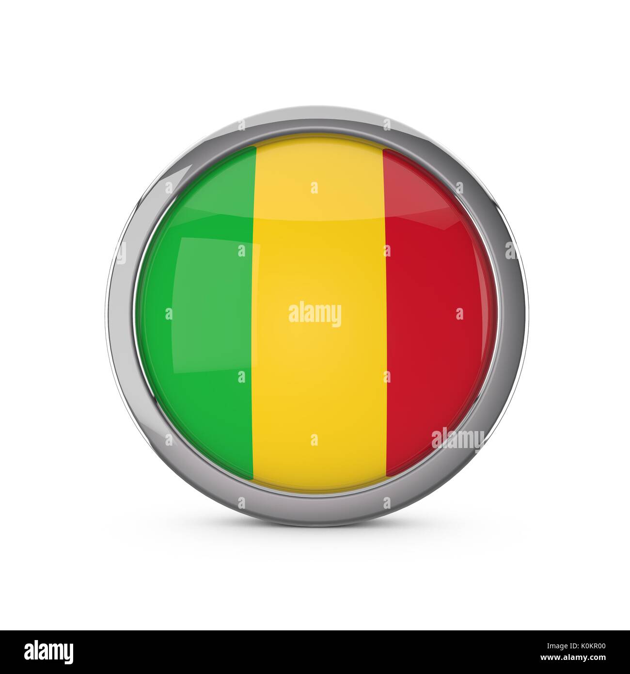 Mali bandiera nazionale in una lucida forma circolare con telaio cromato. Il rendering 3D Foto Stock