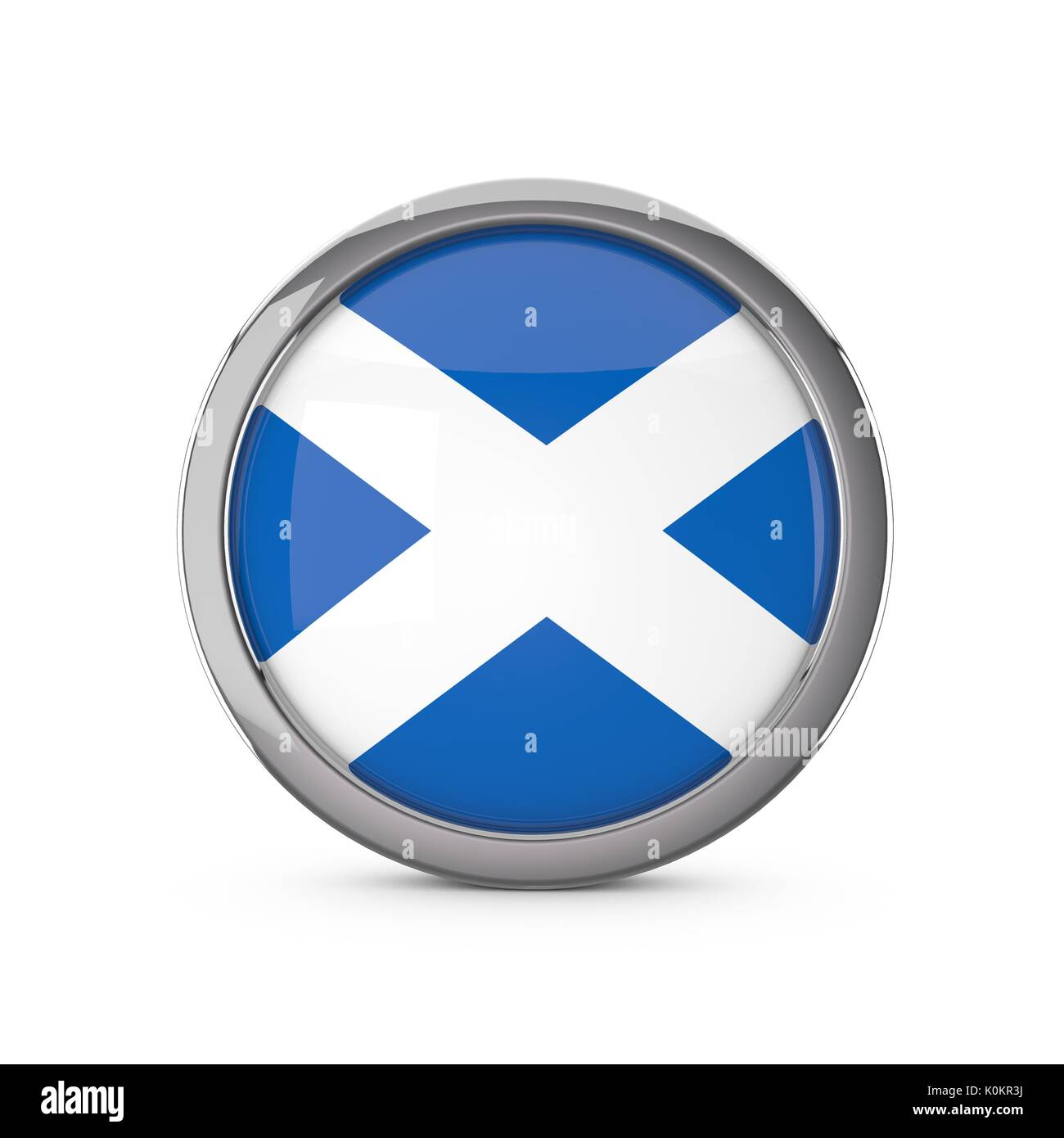 Scozia bandiera nazionale in una lucida forma circolare con telaio cromato. Il rendering 3D Foto Stock