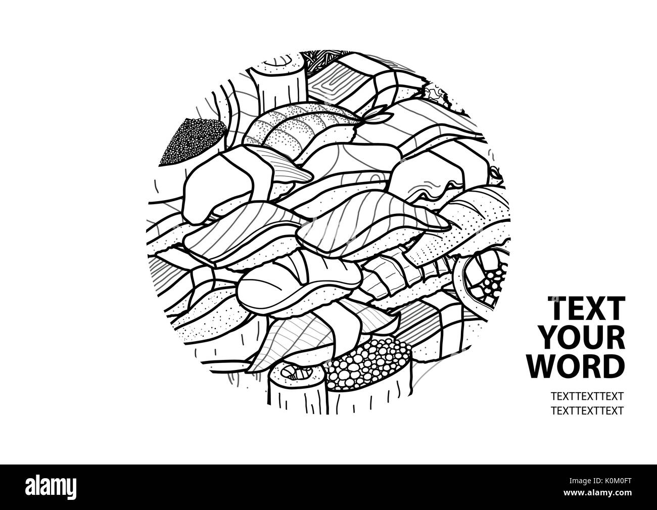 Il sushi e il rotolo nel contorno nero casuale nel cerchio al centro con il testo su sfondo bianco. Il coperchio, un poster o un piatto di carta mat design. carino giapponese di f Illustrazione Vettoriale