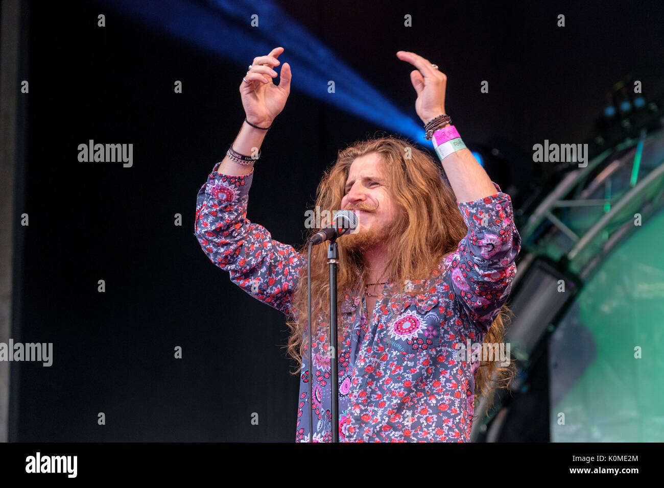 Stevie Westwood di Bad Touch effettuando al Weyfest music festival, la vita rurale centro, Tilford, Surrey, Inghilterra, Agosto 19, 2017 Foto Stock