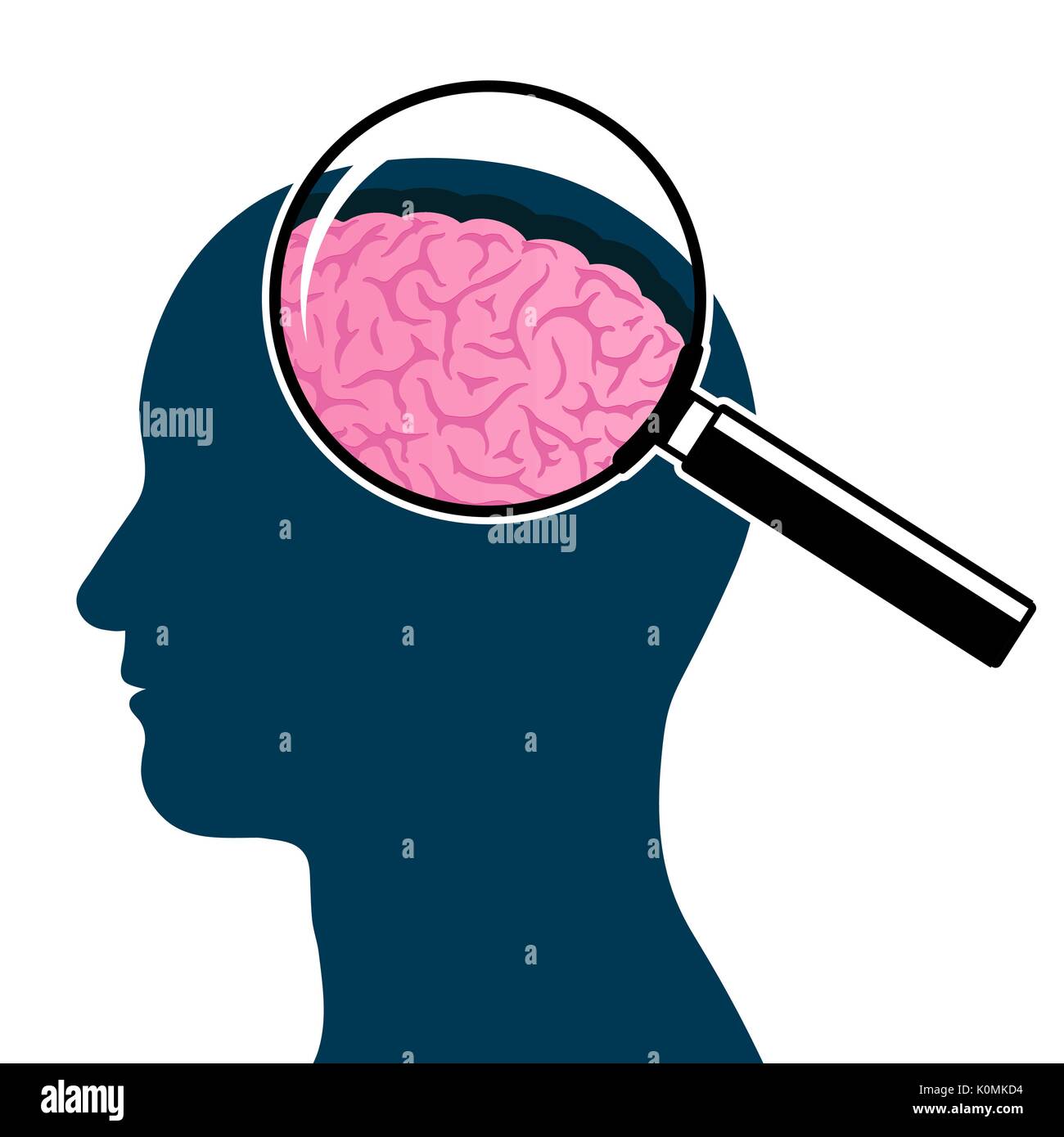 Testa di uomo silhouette con lente di ingrandimento e illustrazione del cervello Illustrazione Vettoriale