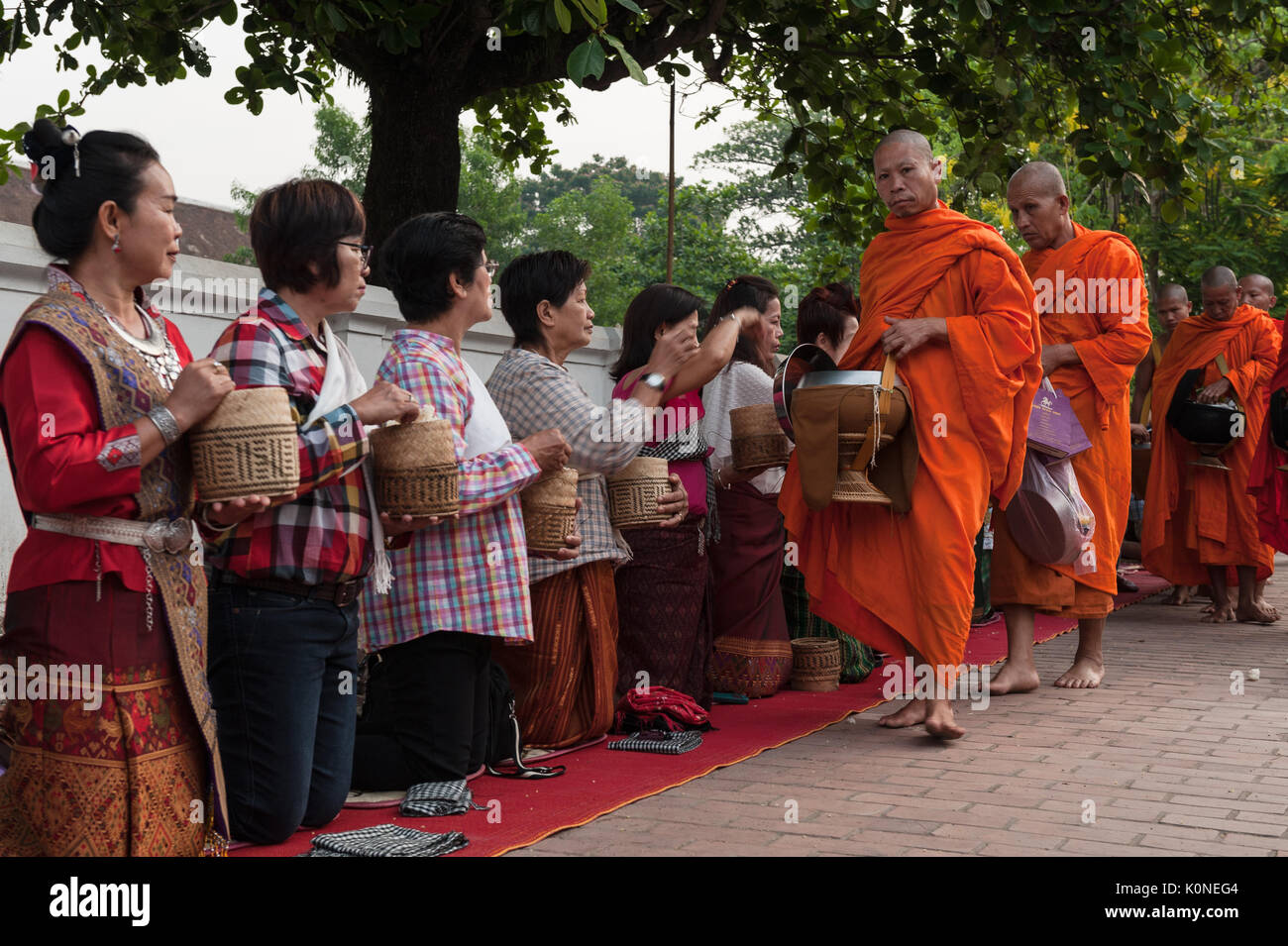 Lo zafferano monaci vestiti di camminare lungo la strada principale di Luang Prabang, Laos, durante l elemosina dando cerimonia. Con oltre 30 monasteri raggruppati nella compa Foto Stock