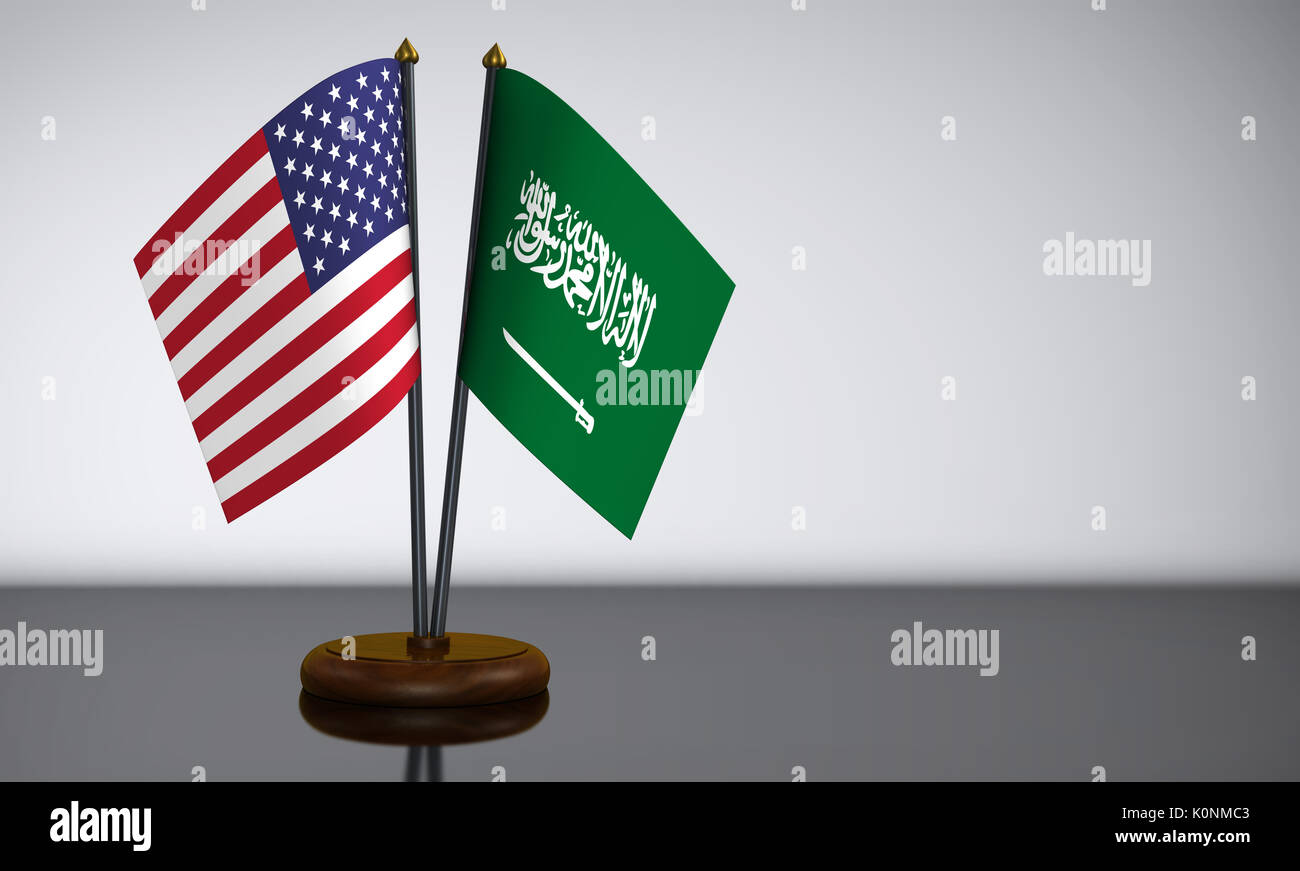 Stati Uniti d America e in Arabia Saudita desk bandiere 3d'illustrazione. Foto Stock