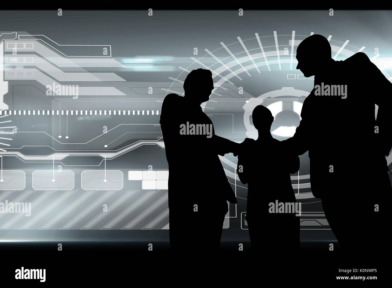 Digital composito della gente di affari agitando la mano contro silhouette business interface Foto Stock
