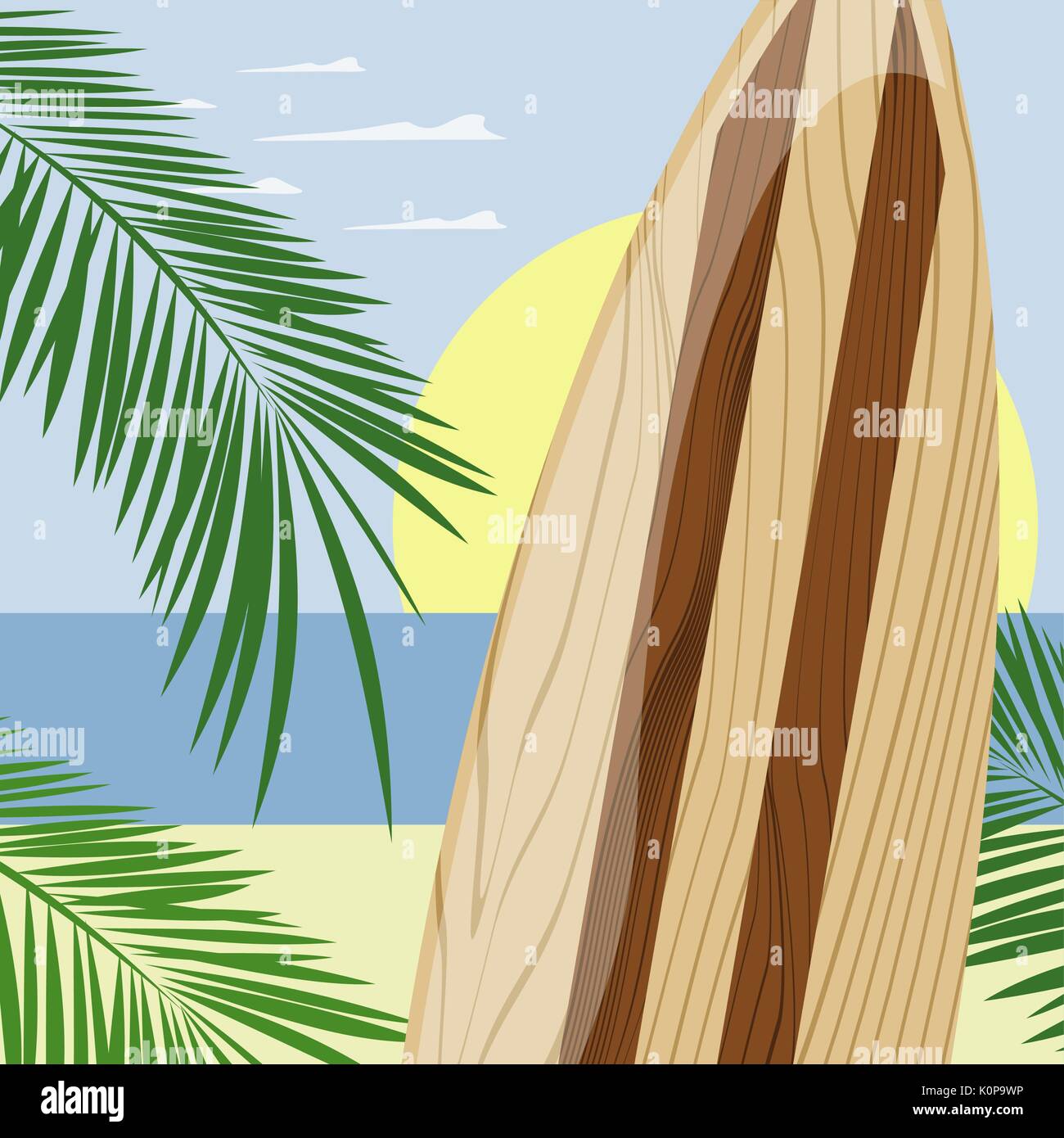 La tavola da surf in legno sulla spiaggia sfondo, formato vettoriale molto facile modificare, gradienti non solo i colori solidi Illustrazione Vettoriale