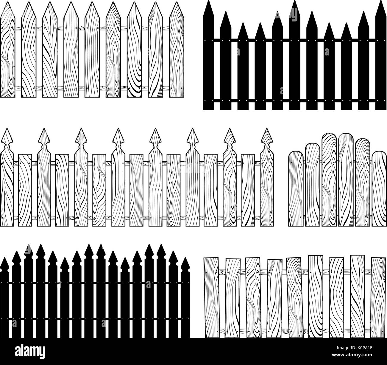 Legno di b&w recinzioni silhouettes set vettore isolato su sfondo bianco Illustrazione Vettoriale