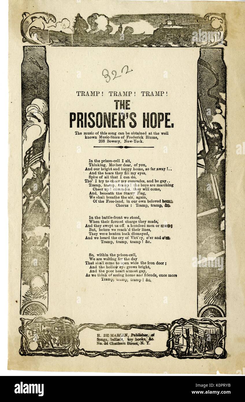 Costeggiata dalla guerra civile americana, intitolata "barbone! Tramp! Tramp! Il Prigioniero la speranza, ' esprimere i prigionieri di guerra' speranza di porre fine alla guerra e il loro rilascio dalla prigione, New York New York, 1862. Foto Stock