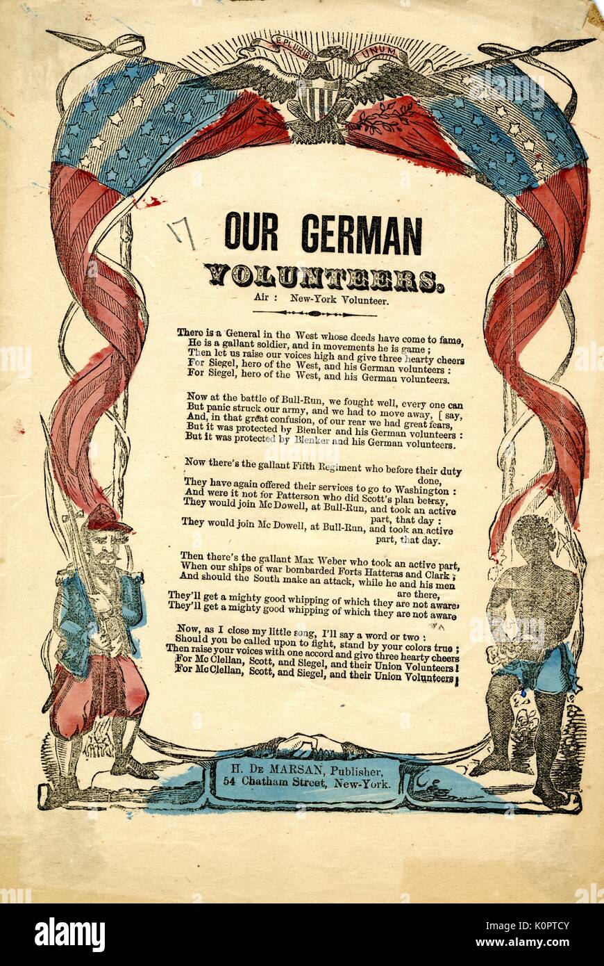 Costeggiata dalla guerra civile americana, intitolata "I nostri volontari tedeschi, ' esprimere gratitudine per il tedesco volontari in lotta per l'Unione e di orgoglio in unione leadership militare, New York New York, 1863. Foto Stock