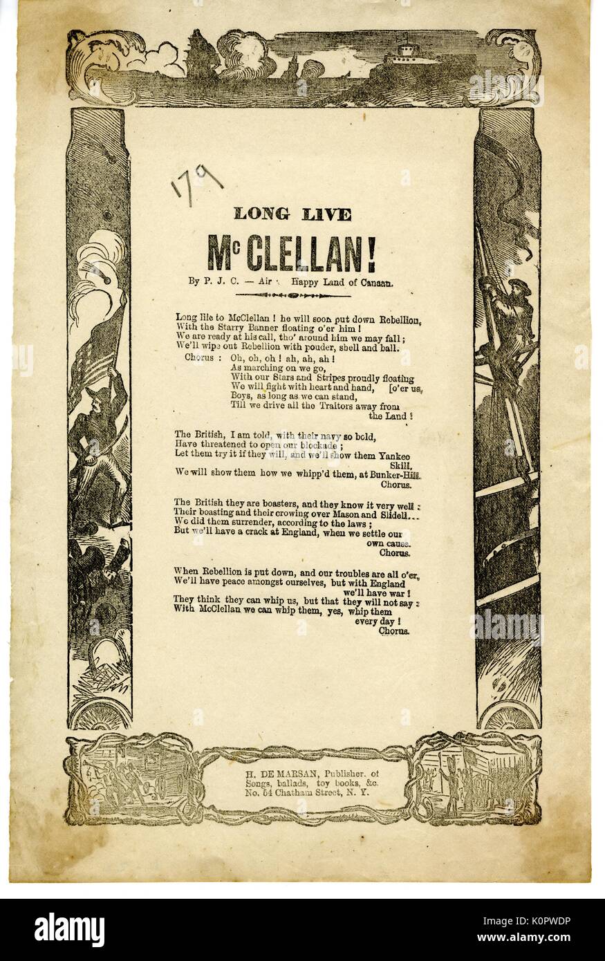 Costeggiata dalla guerra civile americana, intitolata "Evviva McClellan!, ' orgoglio che esprimono in generale George McClellan B e la fede in una vittoria dell'Unione sotto la sua leadership, New York, New York, 1863. Foto Stock