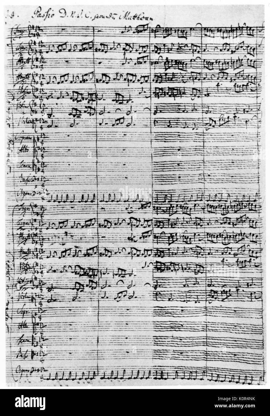 Johann Sebastian Bach - il compositore tedesco 's punteggio manoscritta per la sua composizione "atthäuspassion' (St. Matteo la passione o la Passione secondo san Matteo). Composto per la Thomaskirche, 1729. Acc: 21 Marzo 1685 - 28 luglio 1750. Foto Stock