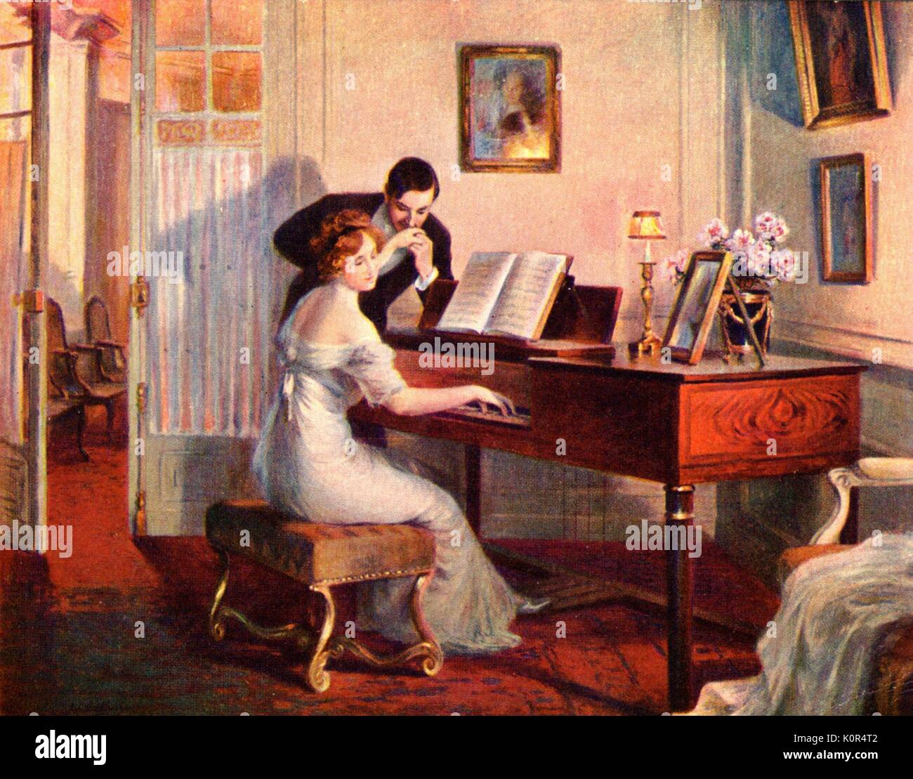 Titolo: Piano preludio. Artista sconosciuto. Uomo Donna bacia la mano al pianoforte. Foto Stock