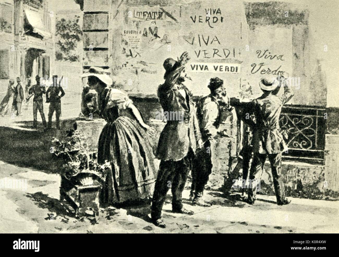Persone che scrivono "Viva Verdi' su una parete, 1859. Vi è stato il sostegno popolare per Verdi al momento dell unione di Parma con il Piemonte, che egli è stato coinvolto in. Compositore italiano, 9 o 10 Ottobre 1813 - 27 gennaio 1901. Foto Stock