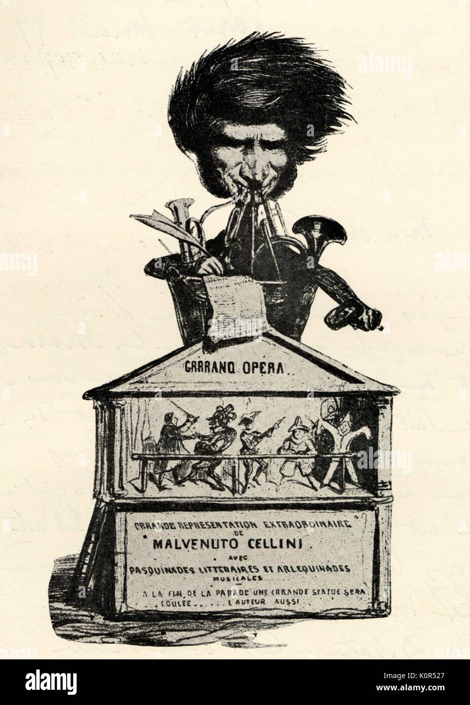 La caricatura di Hector Berlioz di Benvenuto Cellini, dalla caricatura Provisoire 1 Novembre, 1838 (Berlioz come l'Orchestra). Il compositore francese, 11 Dicembre 1803 - 8 marzo 1869. Foto Stock