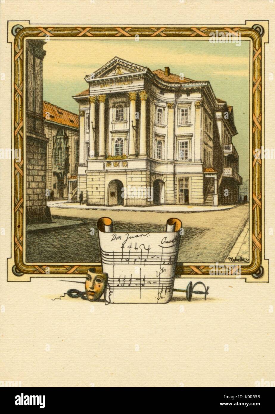 Illustrazione del Teatro Tyl, Praga, dove Mozart del 'Dsu Giovanni" è stato il primo effettuato nel 1787. Il compositore austriaco, 27 Gennaio 1756 - 5 dicembre 1791. Foto Stock