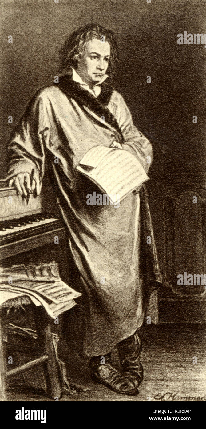 Ludwig van Beethoven - ritratto del compositore tedesco da hamman. Figura intera in piedi sul piano tenendo un cliente. Compositore tedesco, 17 dicembre 1770- 26 marzo 1827. Foto Stock