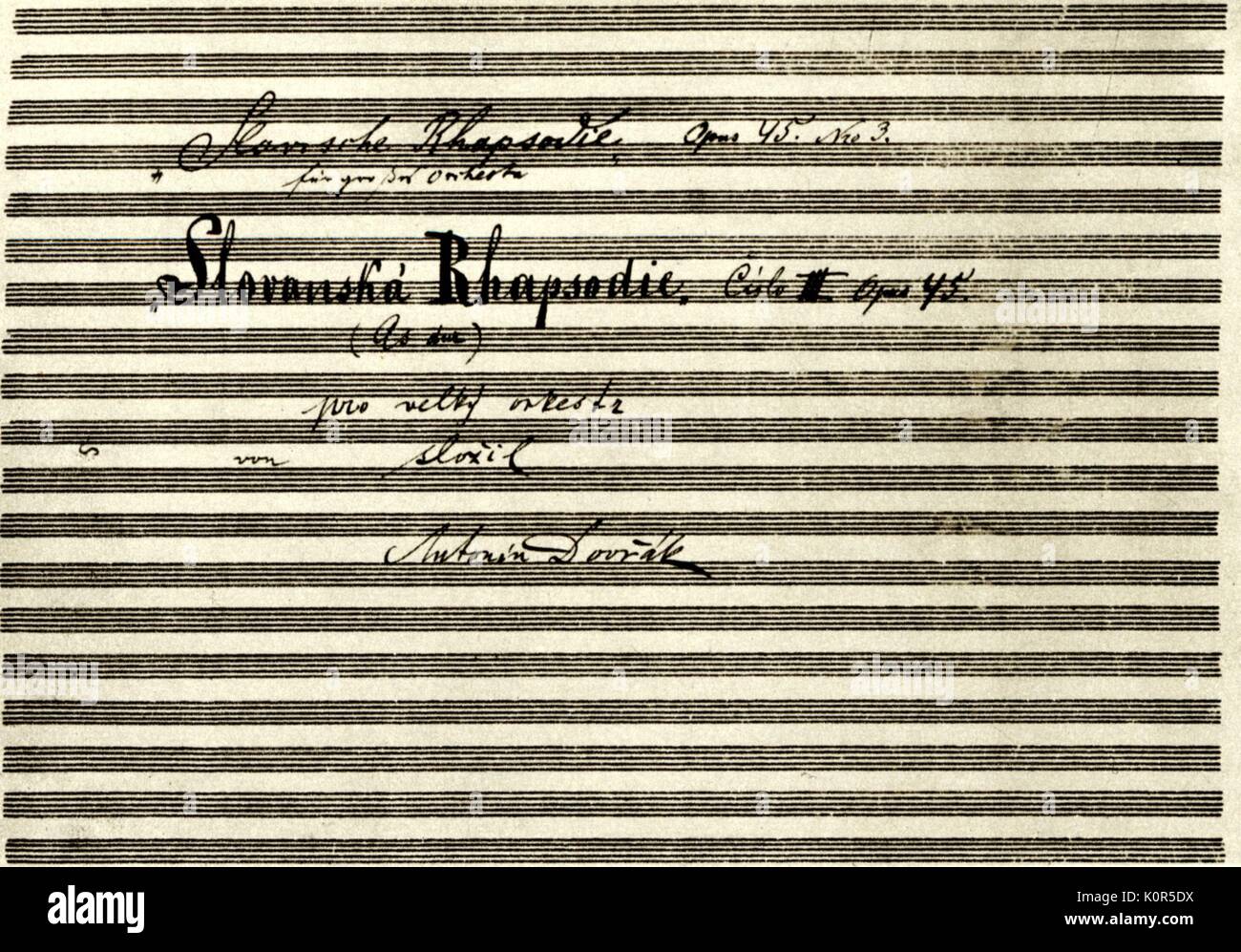 Titlepage di Dvorak la Rapsodia Slava, Op.45, No.3. Annuncio: compositore ceco 1841-1904 Foto Stock