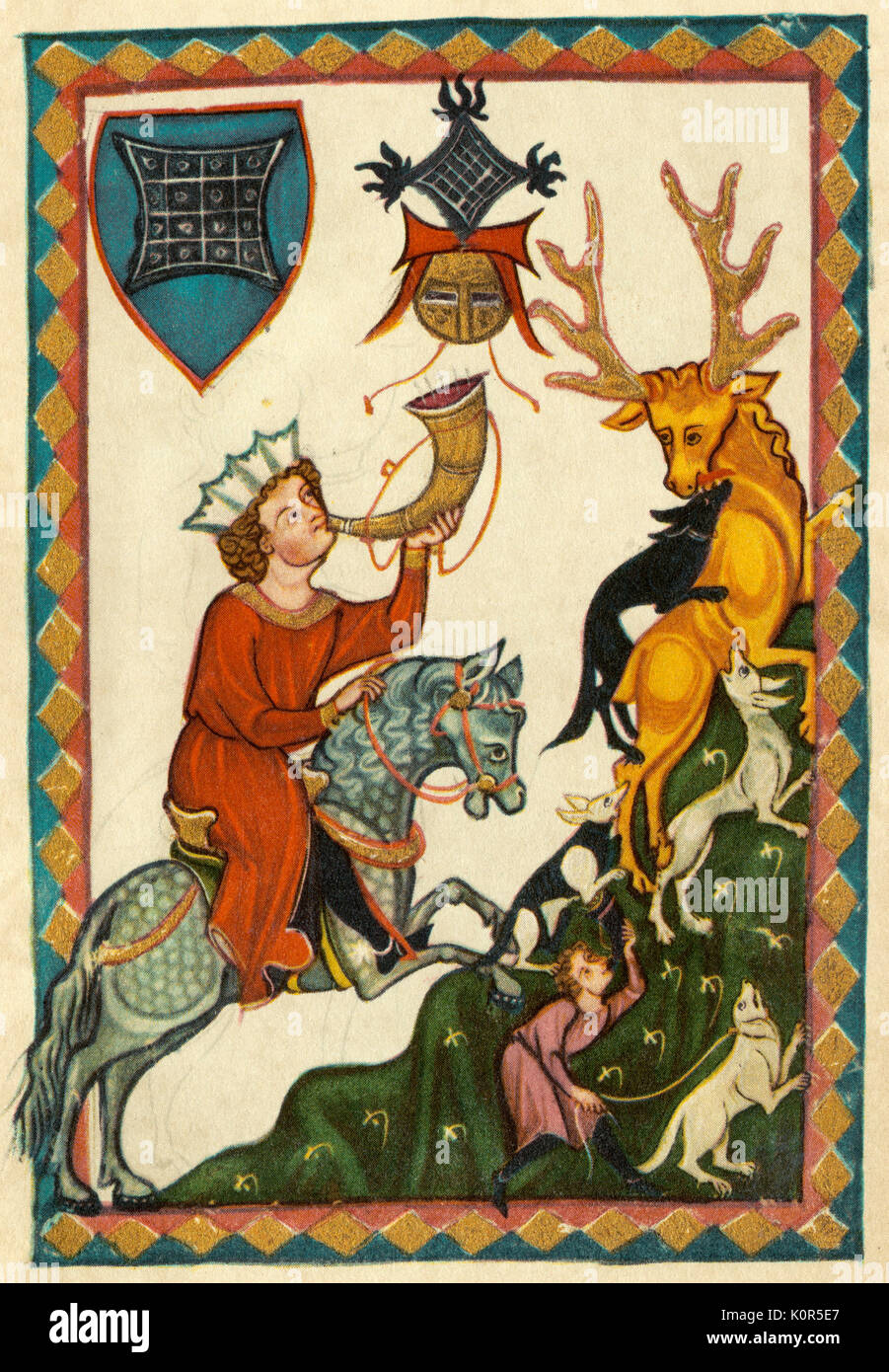 Der von Suonegge - Ritratto di menestrello, o medievale tedesco amor cortese poeta. Illustrazione dal Codex Manesse, intorno al 1300. Innesang. Minnesänger. Mittelhochdeutsch. Medio alto tedesco. Cavaliere. Cavalleria. Corno da caccia illuminazione, con feste di addio al celibato, stemma. Foto Stock