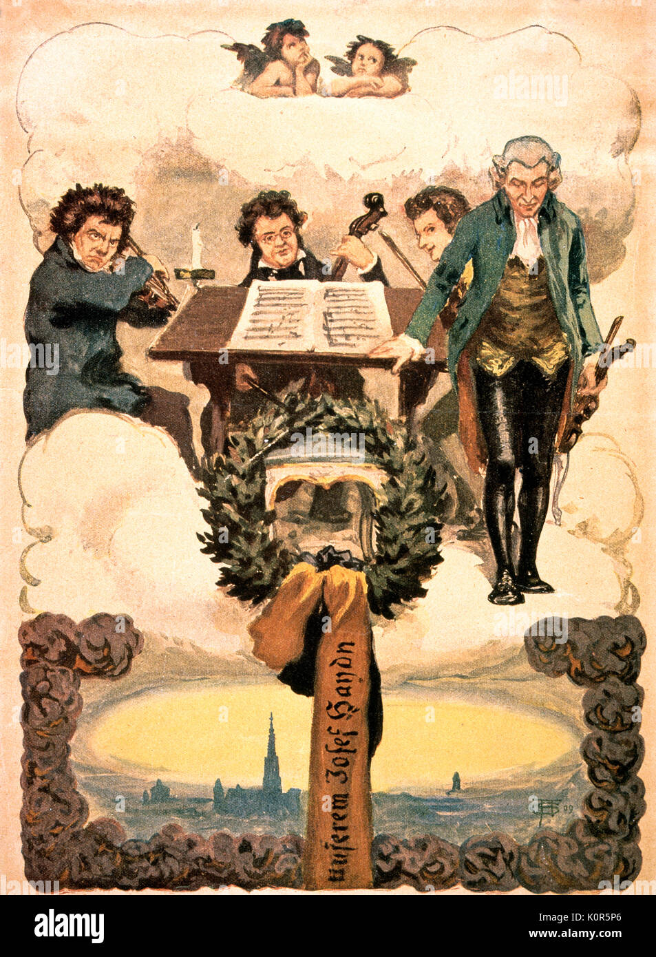 Haydn & Quartetto celeste. Il compositore austriaco, 31 marzo 1732 - 31 maggio 1809. Xix secolo la fantasia del quartetto in cielo con da l.a r. Ludwig van Beethoven, Franz Schubert, Wolfgan Amadeus Mozart e Josef Haydn Foto Stock