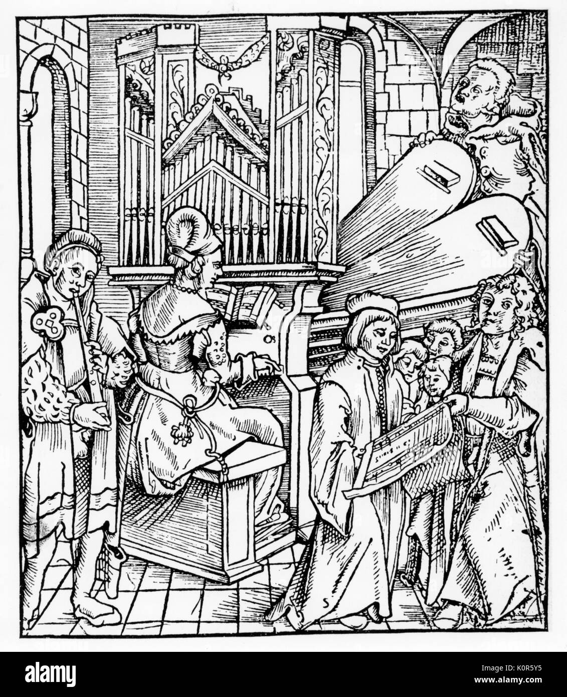 Donna che gioca l'organo, con cantanti e lettore registratore. Da 'Spiegel del Orgelmaker etc", Mainz, 1511. Foto Stock