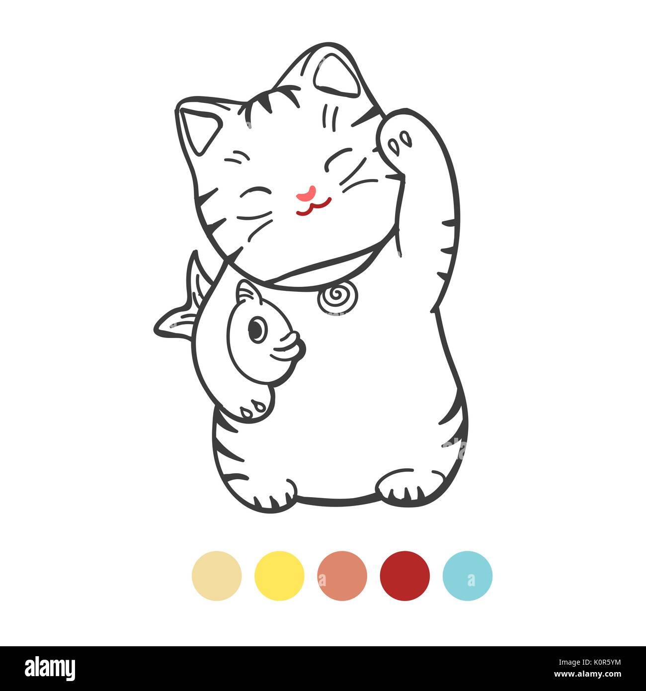 Pagina da colorare per i bambini con colori campione. Illustrazione Vettoriale di carino gattino con pesce Illustrazione Vettoriale