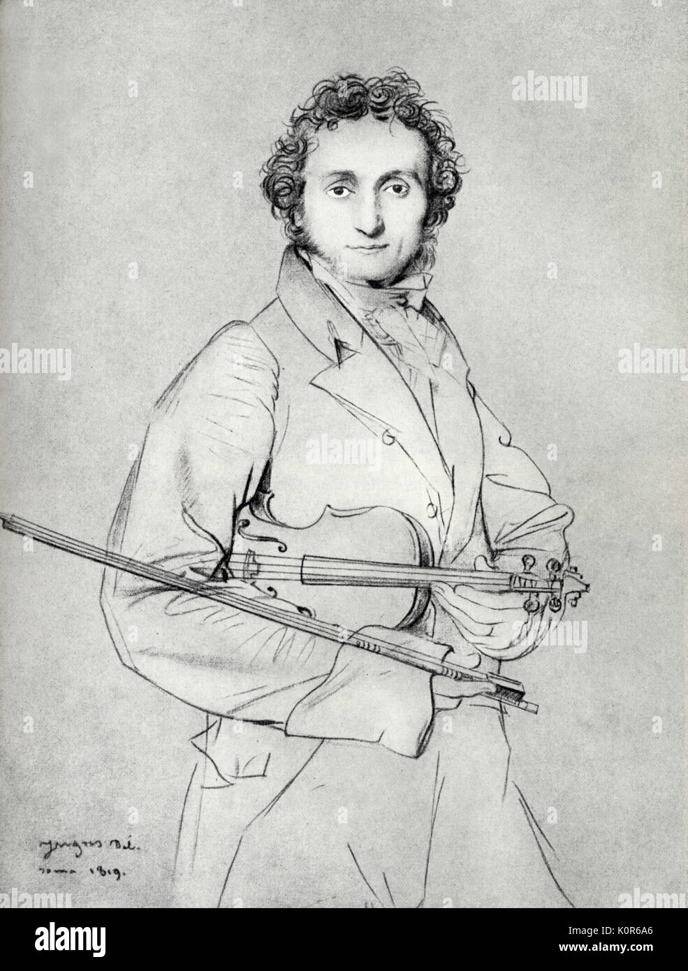 Niccolò Paganini con il suo violino di Ingres 1819 disegno a matita. L'Italiano violinista e Niccolò Paganini con il suo violino di Ingres 1819 disegno a matita. L'Italiano violinista e