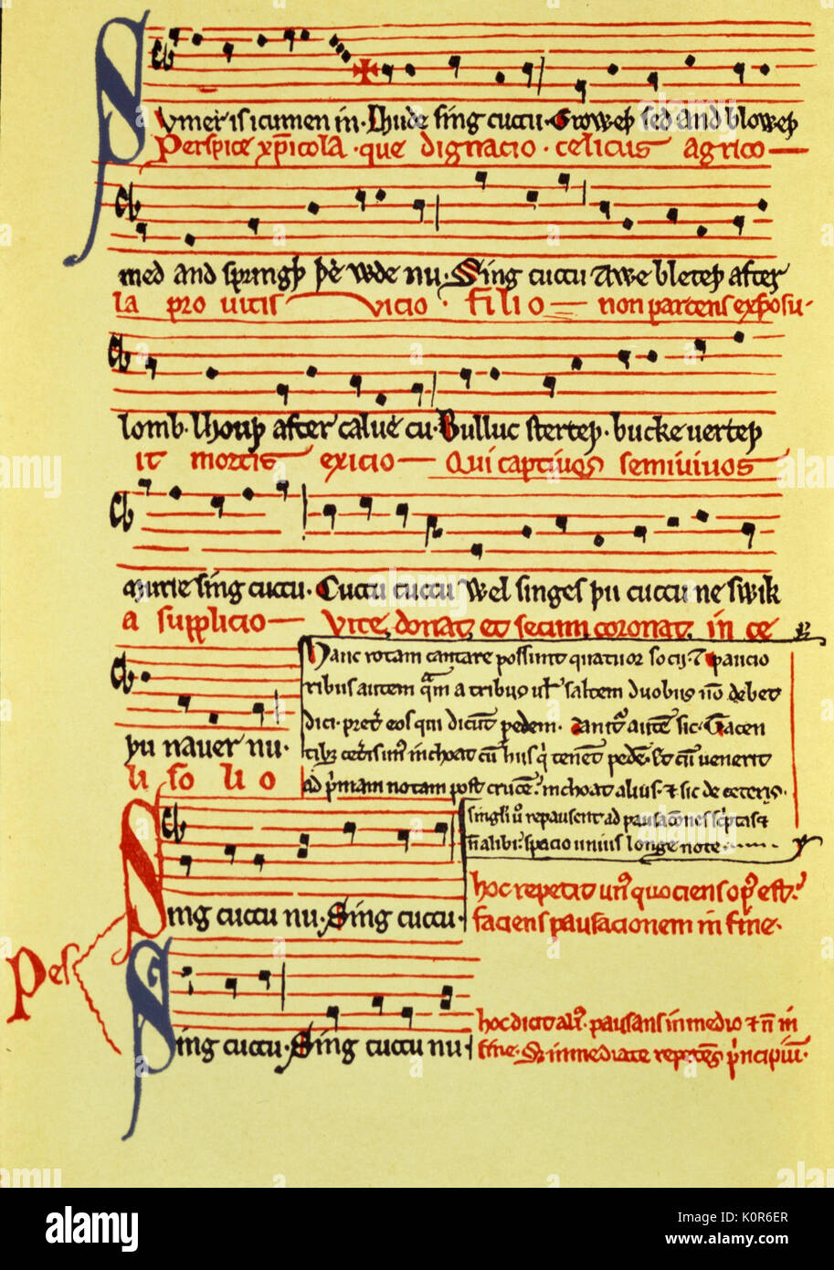 SUMER È UN CUMINO IN (o ' Sumer è Icumen In ') - inglese canzone in parti risalenti c.1270. Canon (o round) per un massimo di 12 voci. Noto anche come ' Rota lettura ' perché manoscritto proviene dalla lettura di Abbazia. Parole secolare in inglese con i religiosi parole - ' perspice christicola ' sotto in latino. Foto Stock