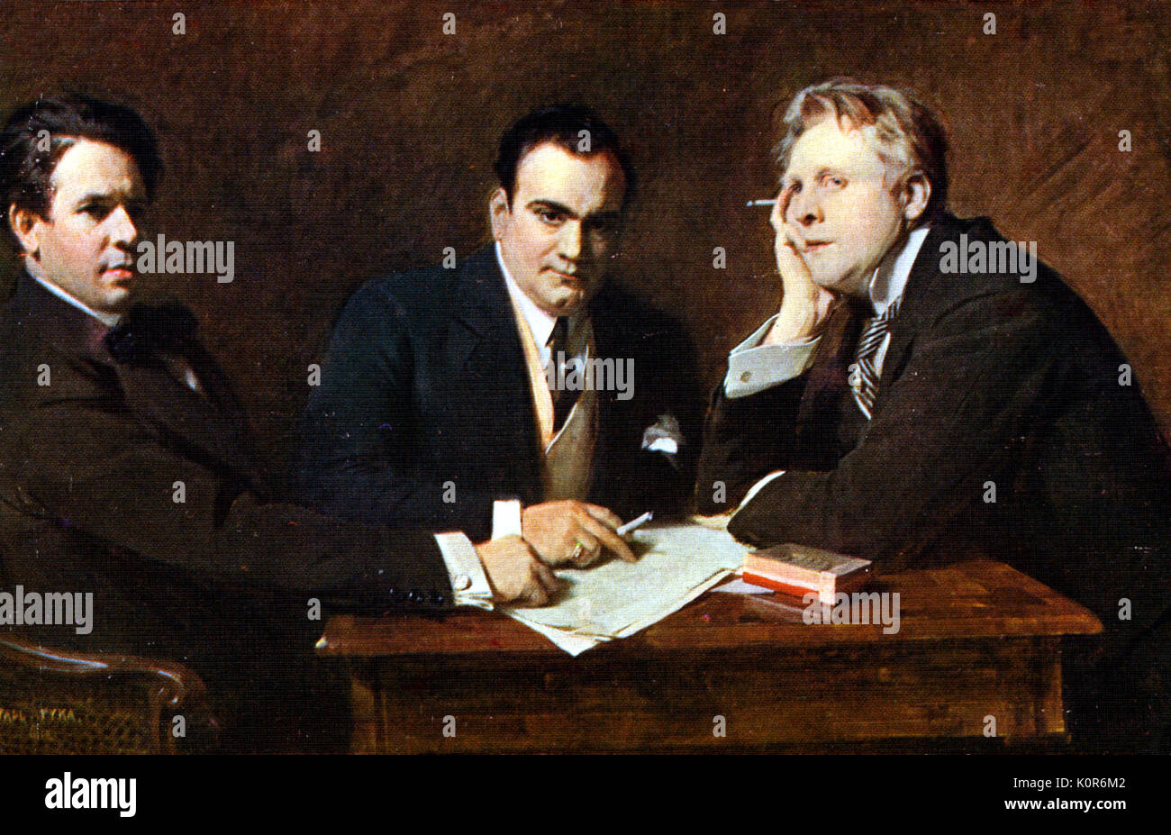 Enrico Caruso con Titta Ruffo e Chaliapin da Tade Styka 1918. Enrico Caruso 1873-1921. Tita Ruffo. Il baritono italiano. 1877-1953. Feodor Chaliapin. Il russo Bass . 1873-1938 Foto Stock