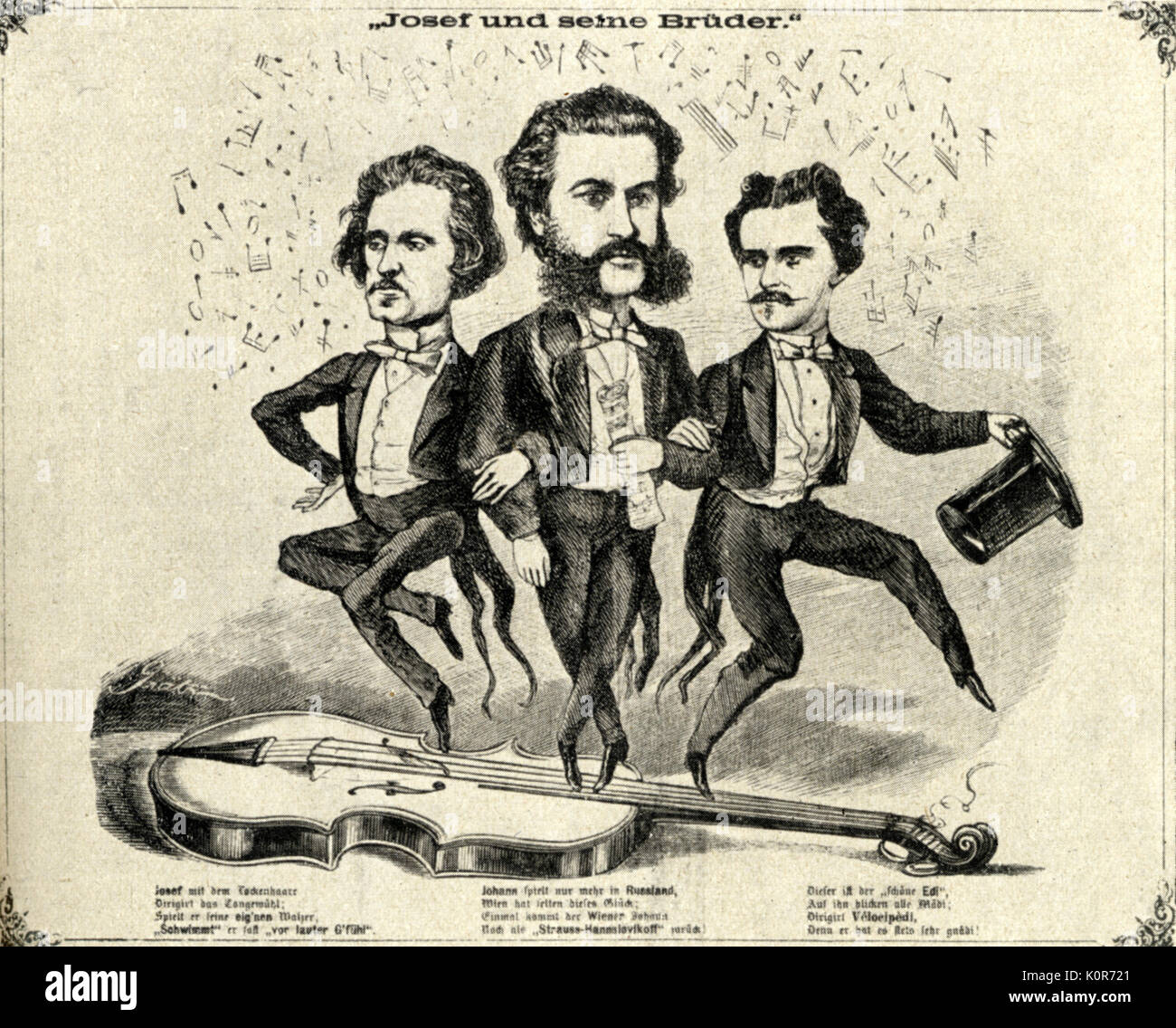Strauss fratelli caricatura intitolato "Josef und seine Bruder" da Zeitgeist 1869. Josef S. Strauss 1827-70. Johann Strauss 1825-99. Eduard Strauss 1835-1916 Foto Stock