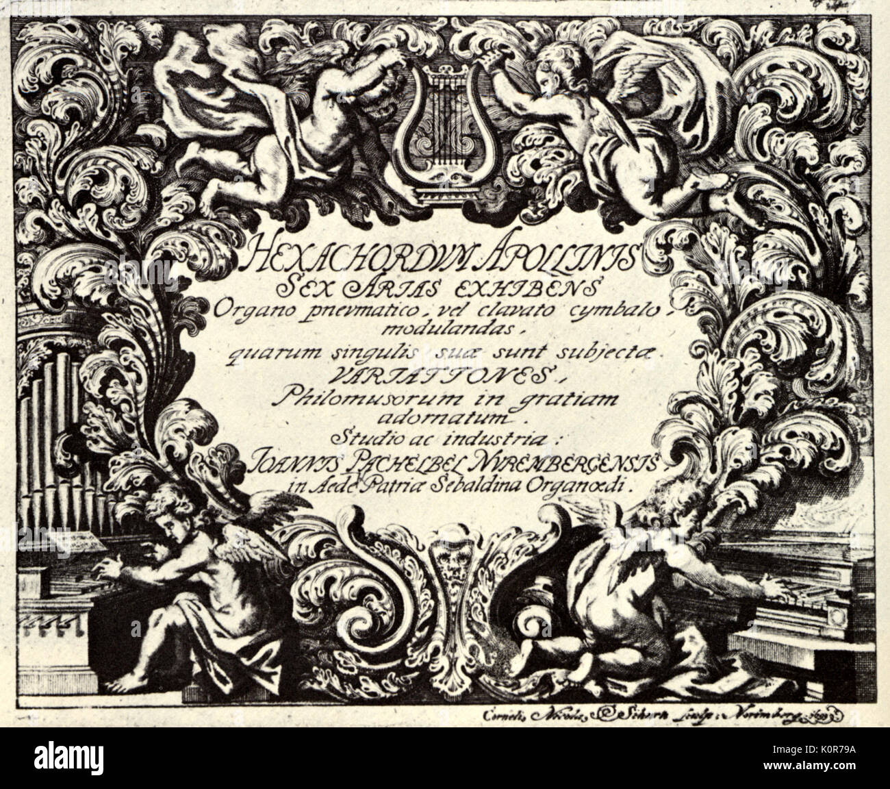 Johann Pachelbel, titolo pagina di Hexachordum Apollinis. Una raccolta di sei serie di variazioni per organo o clavicembalo. Titolo incisi da Cornelio Nicoaus Schurtz. Compositore tedesco e organista,1653-1706. Endter a Norimberga 1699 Foto Stock