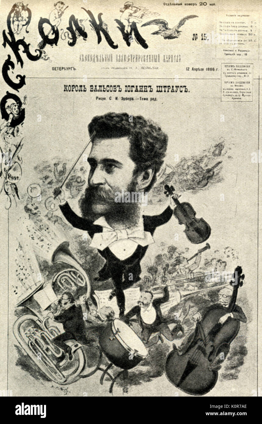 Xxv anniversario di Johann Strauss II ritorno a Pavlovsk nel 1886. La caricatura. Il compositore austriaco 1825-1899 Foto Stock
