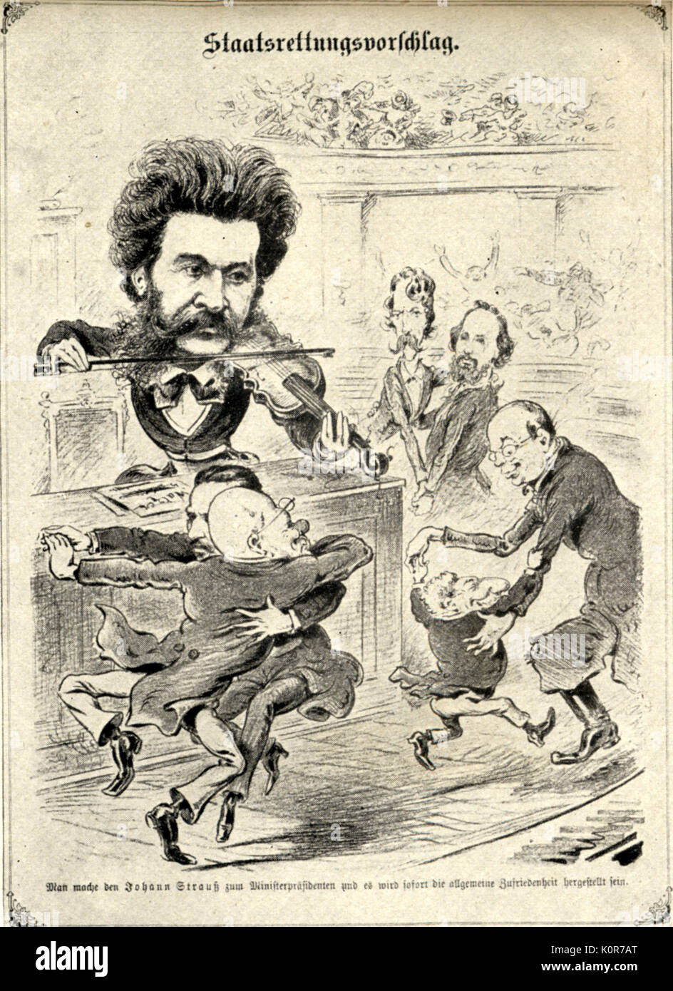 Johann Strauss II caricatura da 'Kikeriki' (Vienna). Strauss conciliare i membri contrapposti del parlamento austriaco -Taaffe,Herbst, Hohenwart, Kopp, Greuter. Il compositore austriaco, conduttore e violinista 1825-1899 Foto Stock