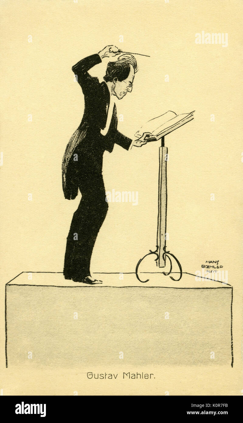 Gustav Mahler a conduzione, caricatura di H. Boehler compositore austriaco & conduttore, 1860-1911 Foto Stock