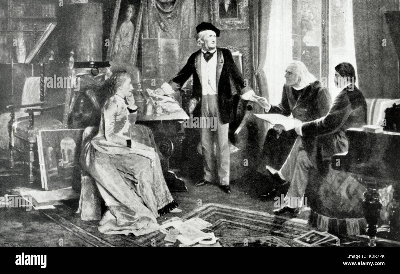 WAGNER, Richard con la figlia Cosima e di Liszt, suo marito a Bayreuth dopo un dipinto da W. Beckmann 1880. Compositore tedesco e autore (1813-1883) Foto Stock