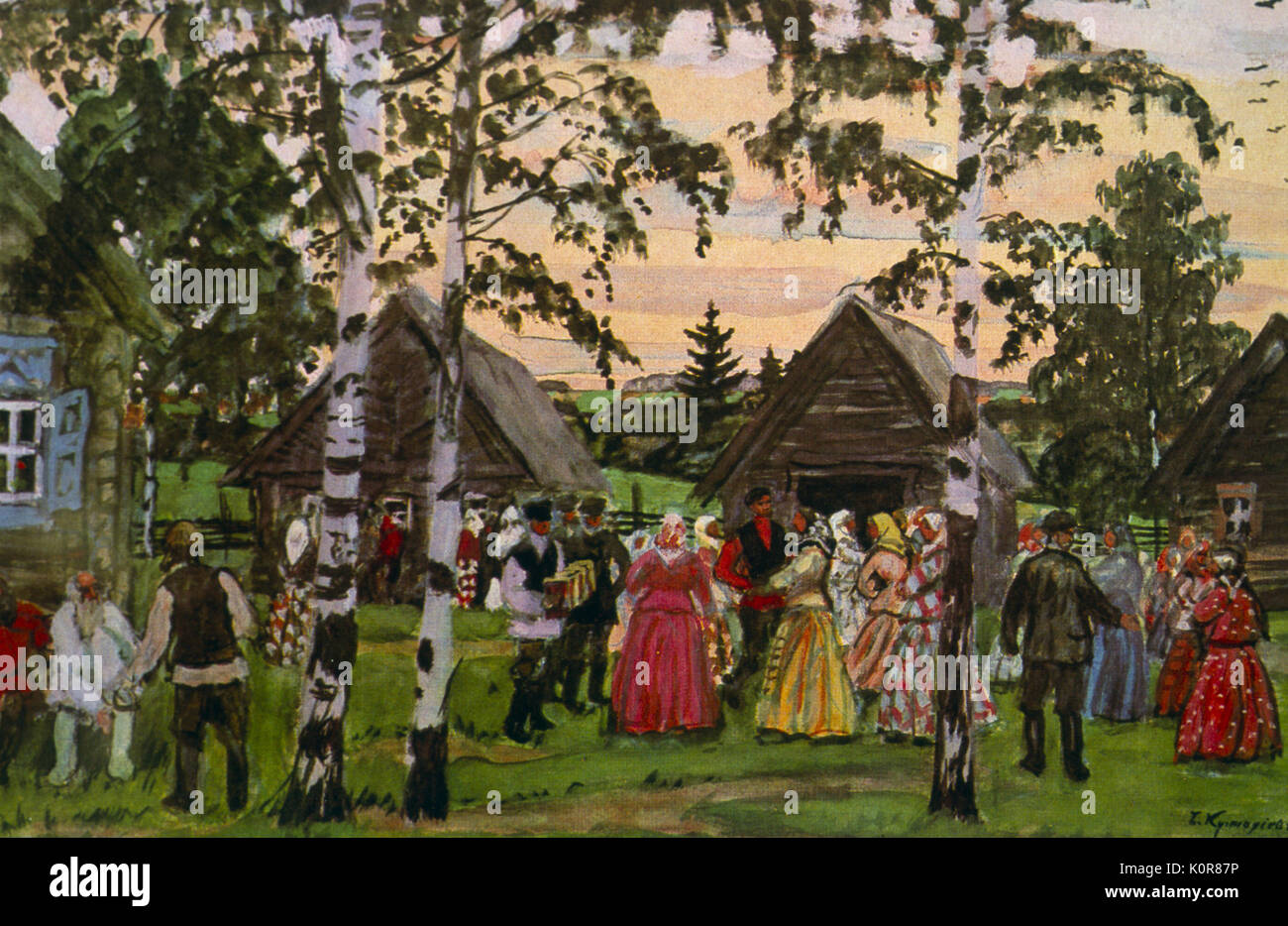 Il russo Round Dance 1912 dopo la verniciatura di Boris Kustodiev 7 Marzo 1878 - 28 maggio 1927. La Russia Folk Dance - contadini dancing nei pressi di case sul verde del villaggio. Foto Stock
