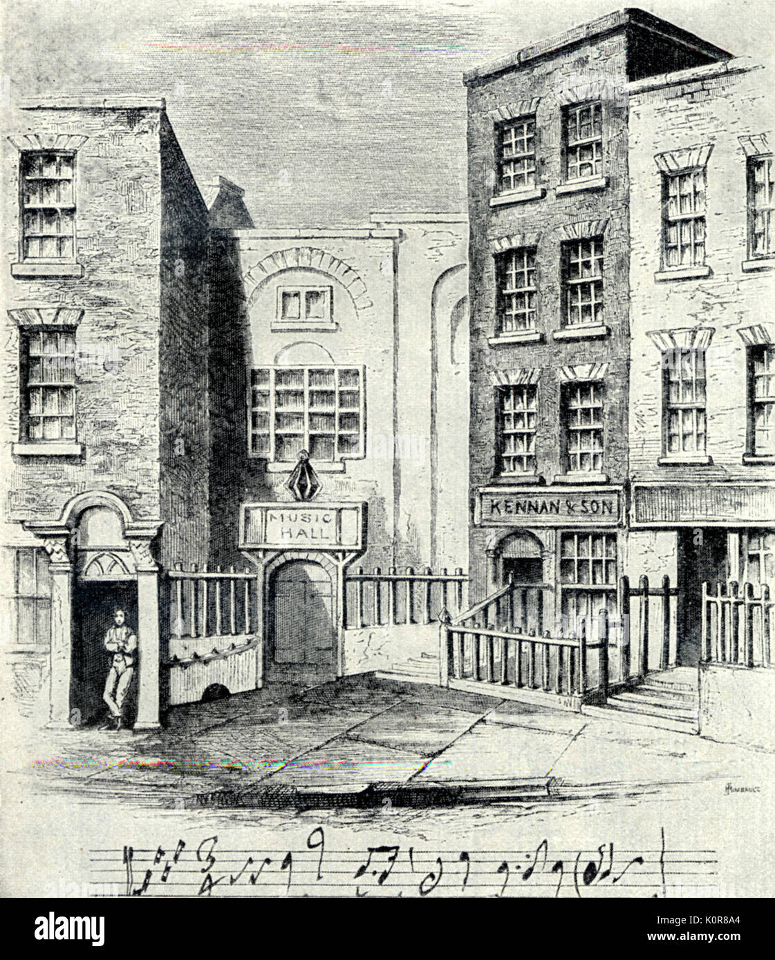 George Frideric Handel 'Messiah' è stato prodotto per la prima volta qui in 1742, a Neal's Music Hall su Fishamble Street Dublin. Disegno di F.W. Fairhold (1814-1866). Compositore tedesco-inglese (1685 -1759 ). Foto Stock